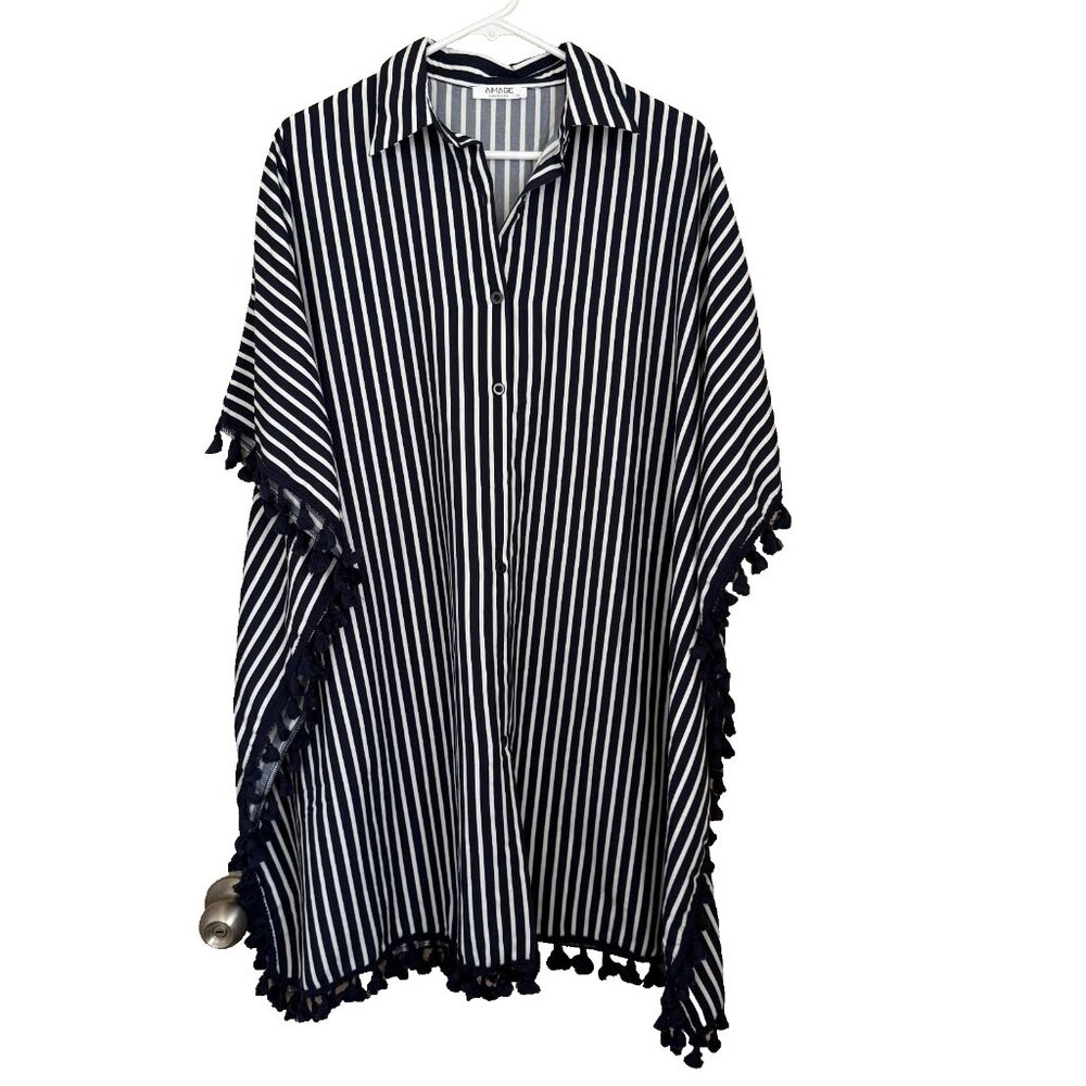 Navy White Striped Poncho Top Swimsuit Cover Up M Oversized Tassel Beach Coastal